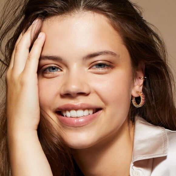 14K Yellow Gold with Rosy Pink Sapphire Cubic Zirconia Hoop Leverback Earrings - Picture 4 of 6